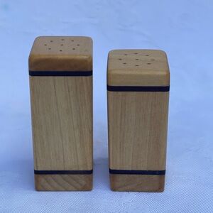 Vintage MCM Wood Teak Inlaid Salt and Pepper Shakers Set Pair 2 Tone Column